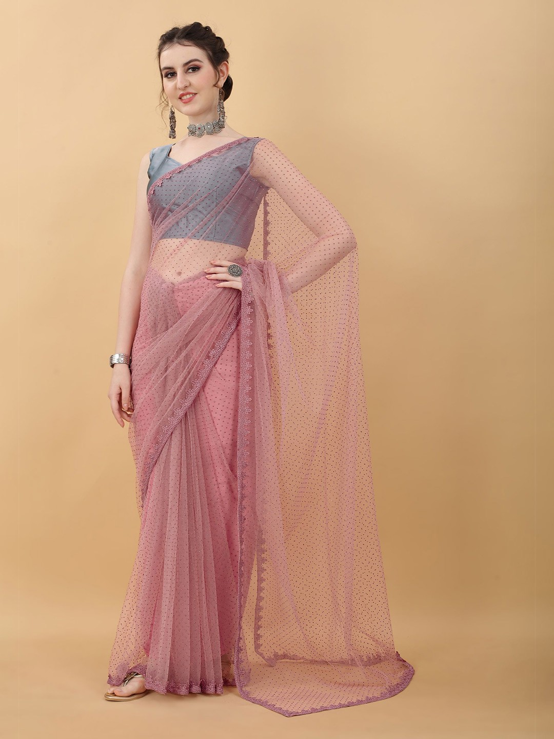 

kasee Embroidered Net Saree, Pink