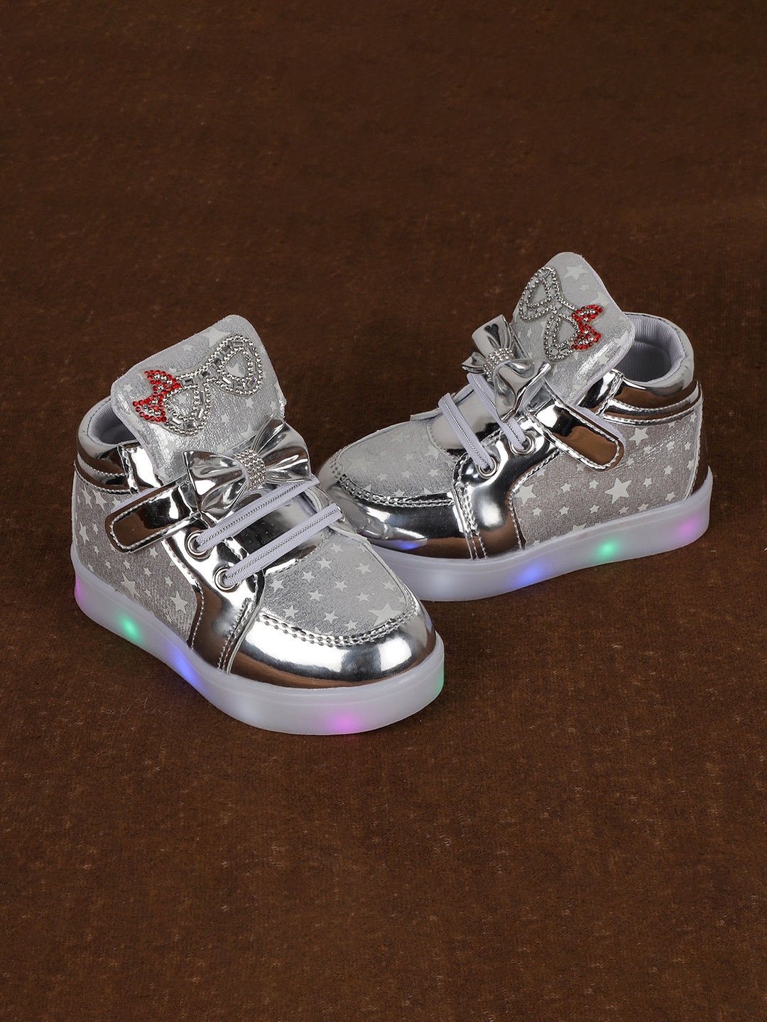 

FEETWELL SHOES Girls Printed PU Sneakers, Silver