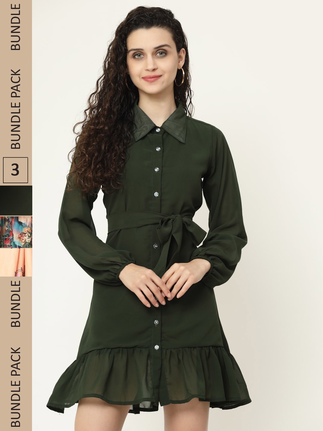 

MISS AYSE Pack of 3 Shirt Collar Dress, Olive