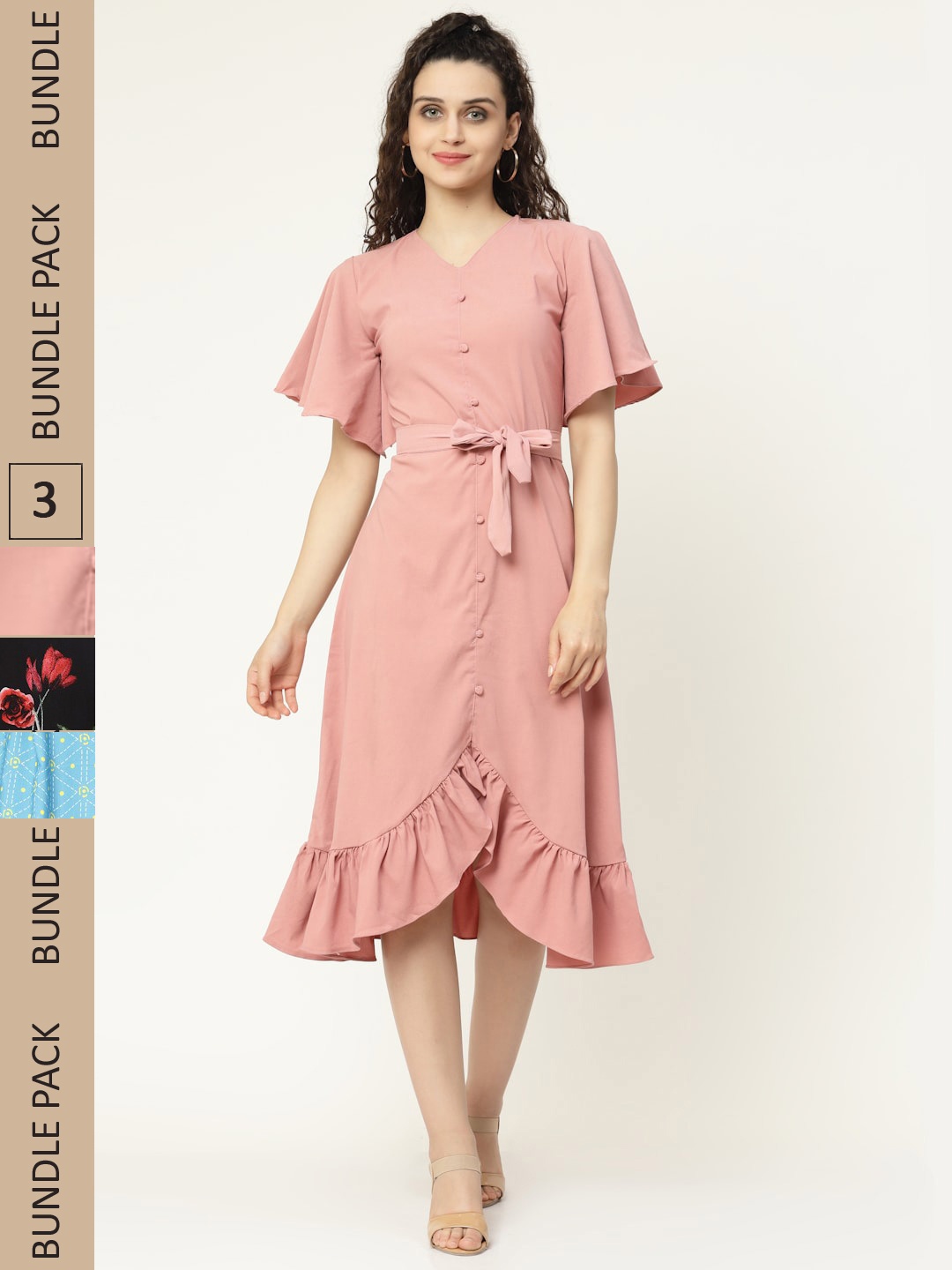 

MISS AYSE Pack of 3 V Neck Midi Dress, Peach