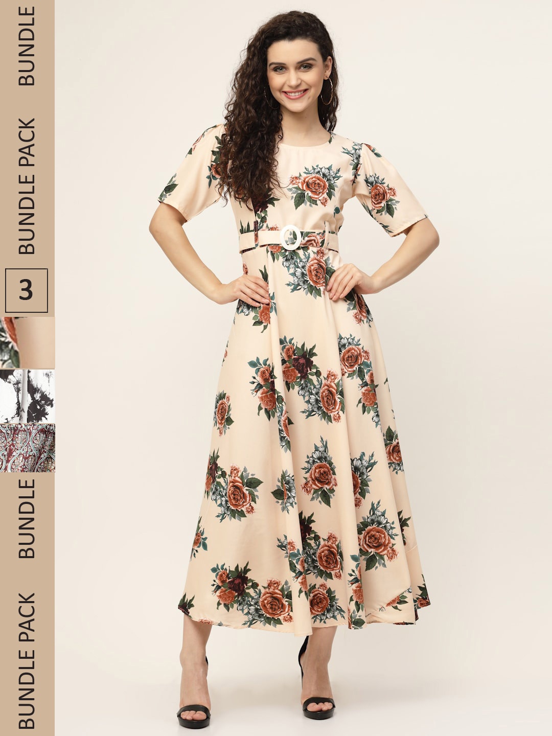 

MISS AYSE Pack of 3 Floral Printed Maxi Dress, Cream