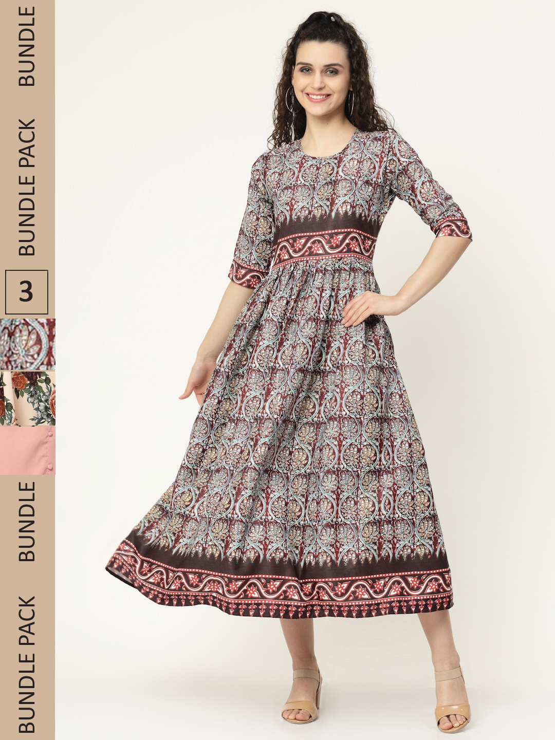 

MISS AYSE Pack of 3 Ethnic Printed Fit And Flare Midi Dress, Brown
