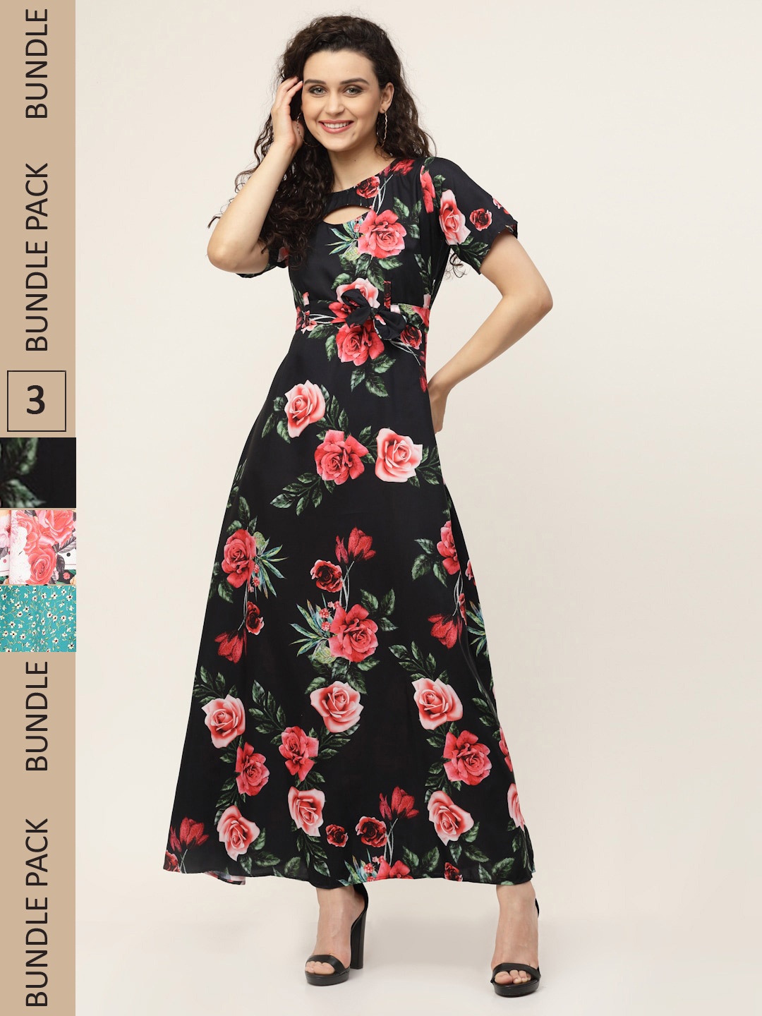 

MISS AYSE Pack of 3 Floral Printed Keyhole Neck Maxi Dress, Black