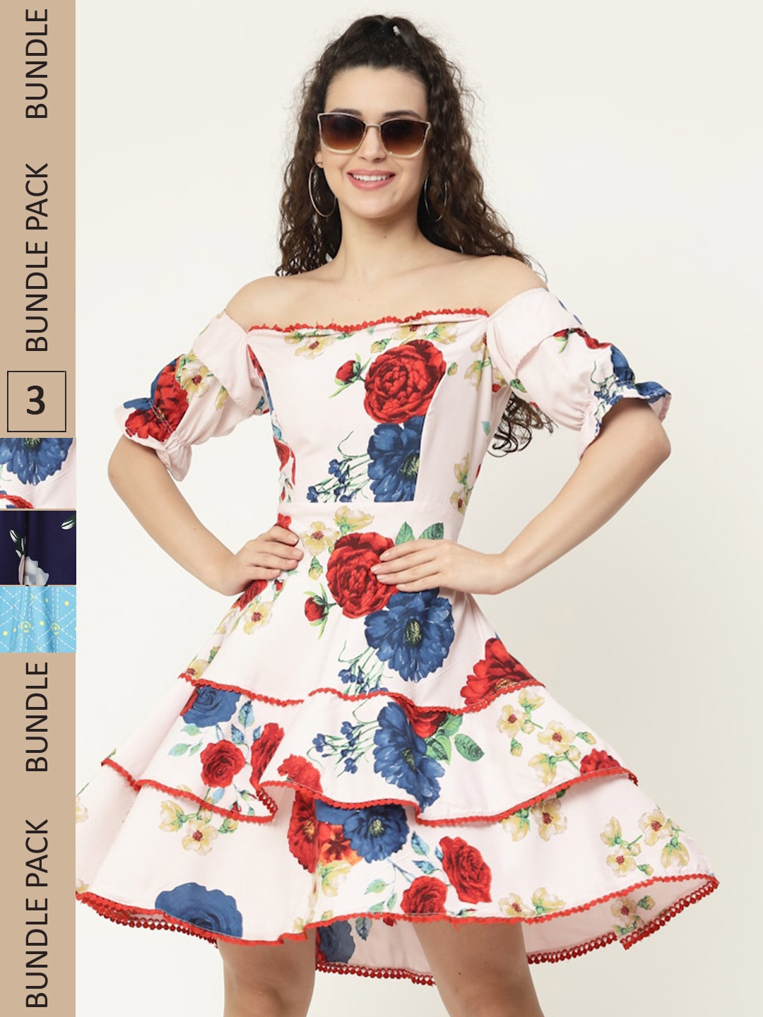 

MISS AYSE Pack of 3 Floral Printed Fit And Flare Off-Shoulder Dress, Off white