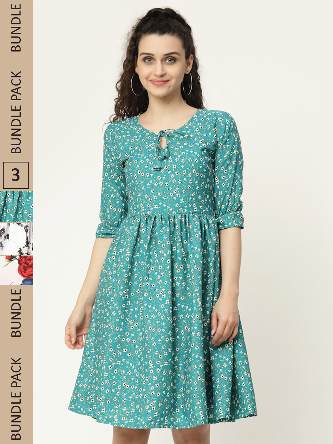 

MISS AYSE Pack of 3 Floral Printed Fit And Flare Tie-Up Neck Dress, Green