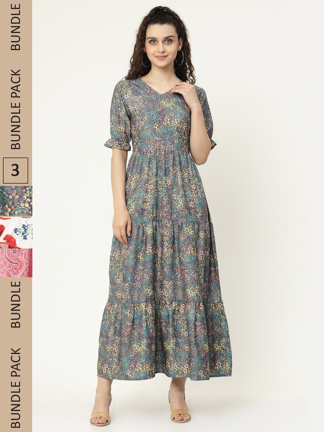 

MISS AYSE Pack of 3 Floral printed V Neck Maxi Dress, Grey