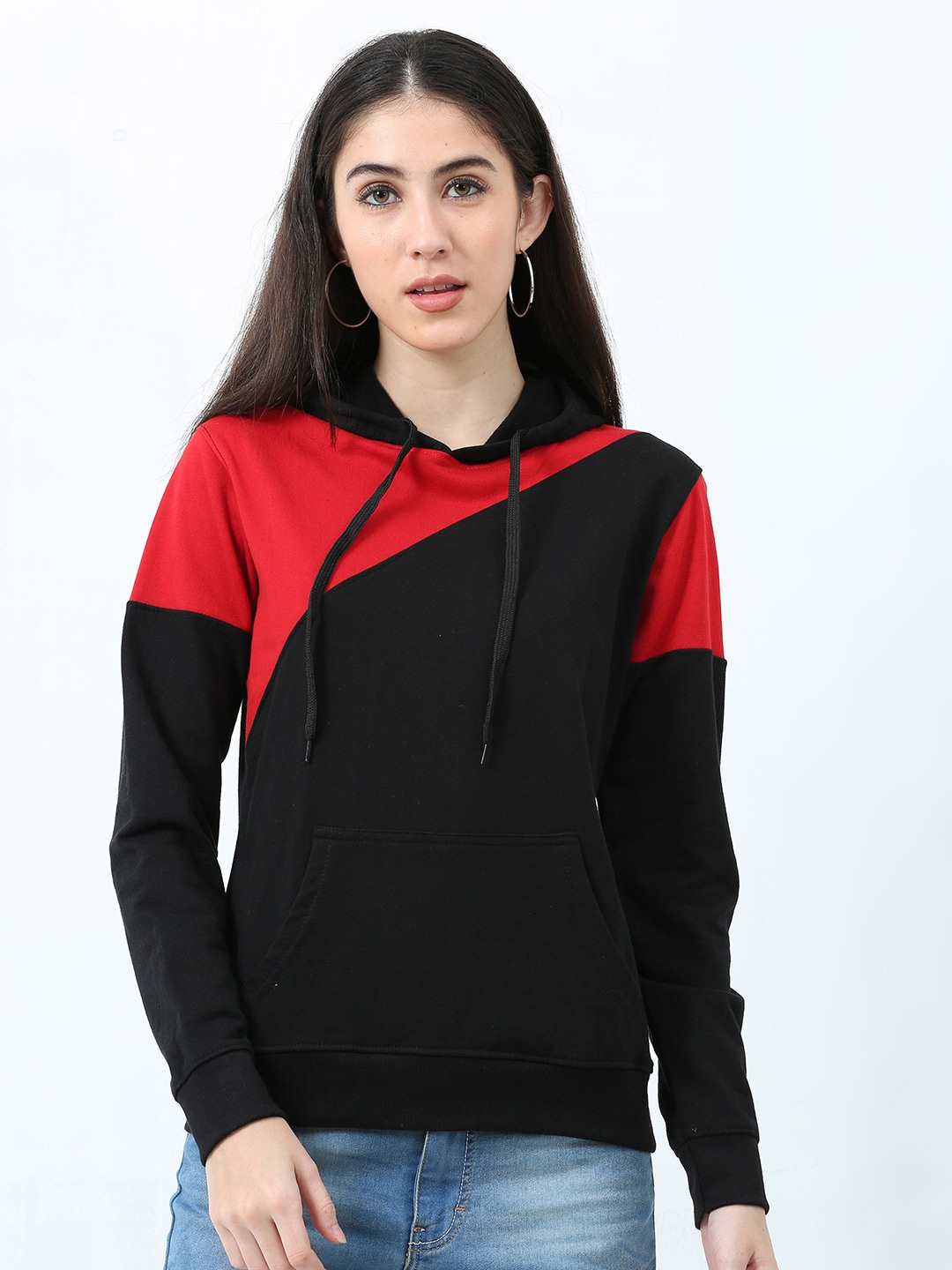 

Fleximaa Women Colourblocked Hooded Cotton Sweatshirt, Black