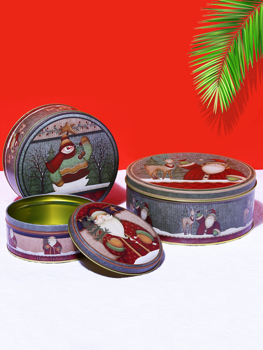 

A Vintage Affair- Home Decor Grey Set of 3 Santa & Reindeer Round Storage Box