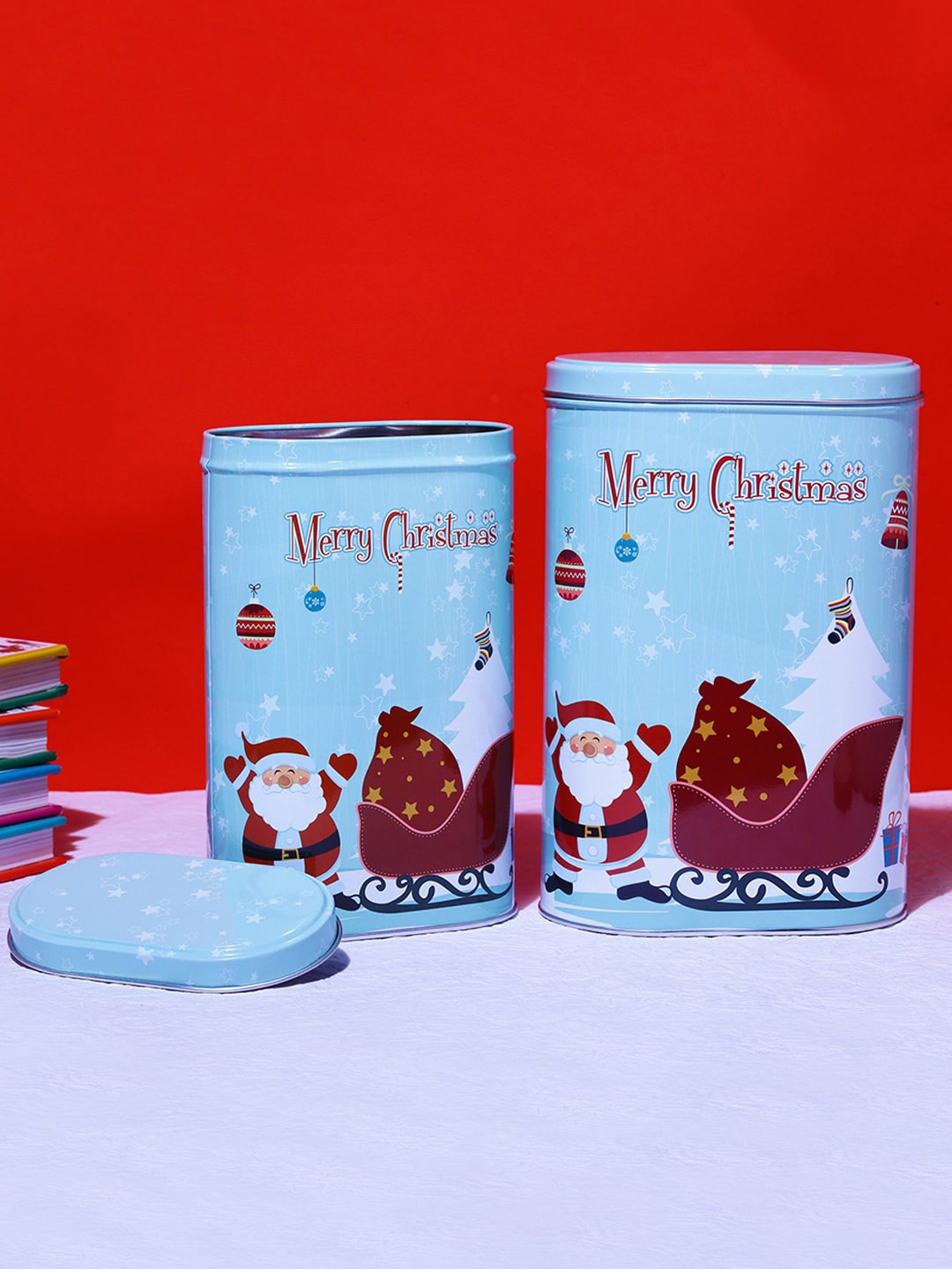 

A Vintage Affair- Home Decor Set Of 2 Blue Printed Santa's Sleigh Tall Storage Box