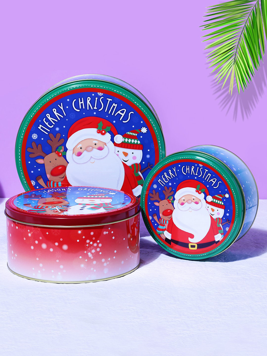 

A Vintage Affair- Home Decor Set of 3 Blue Seasons Greetings Round Storage Box