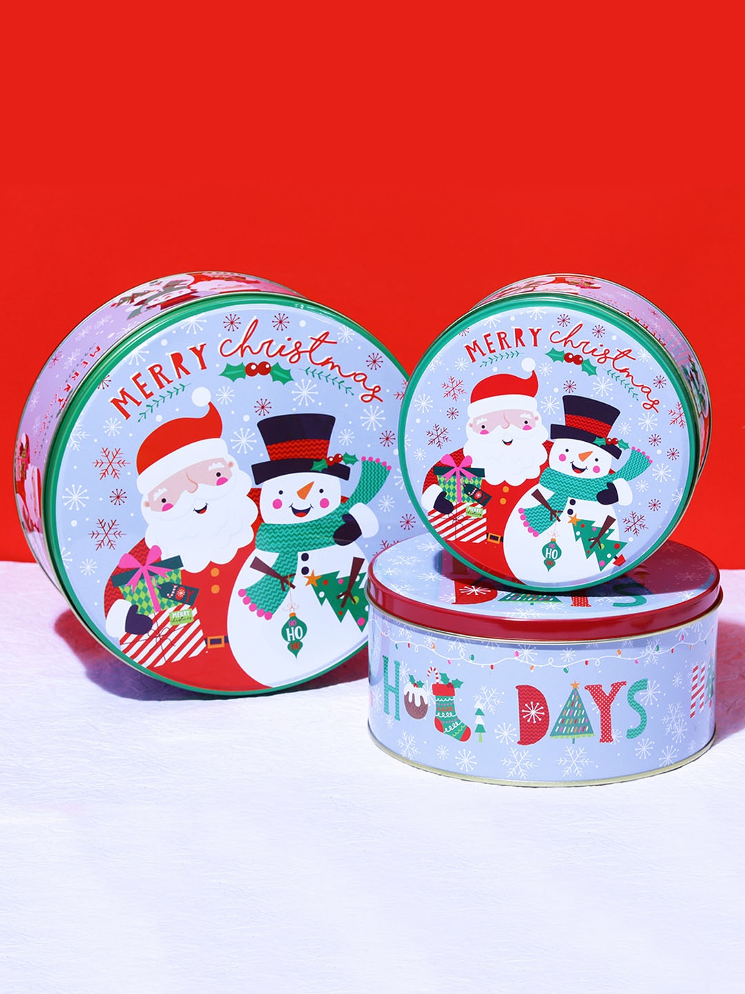 

A Vintage Affair- Home Decor Grey Set Of 3 Printed Happy Holidays Round Storage Box