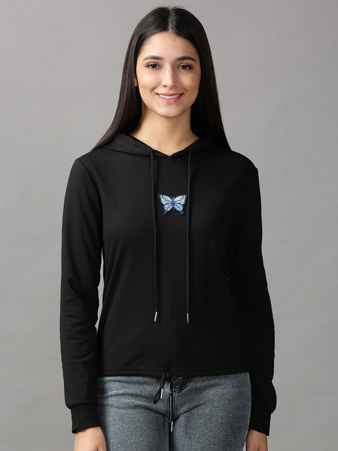 

SHOWOFF Women Applique Hooded Cotton Sweatshirt, Black