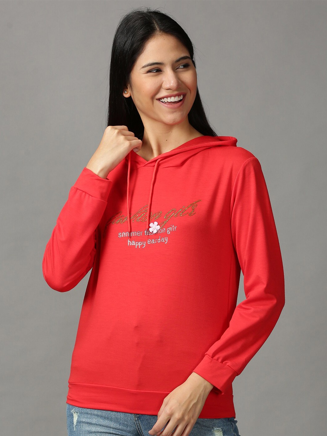 

SHOWOFF Women Typography embellished Hooded Pullover Sweatshirt, Red
