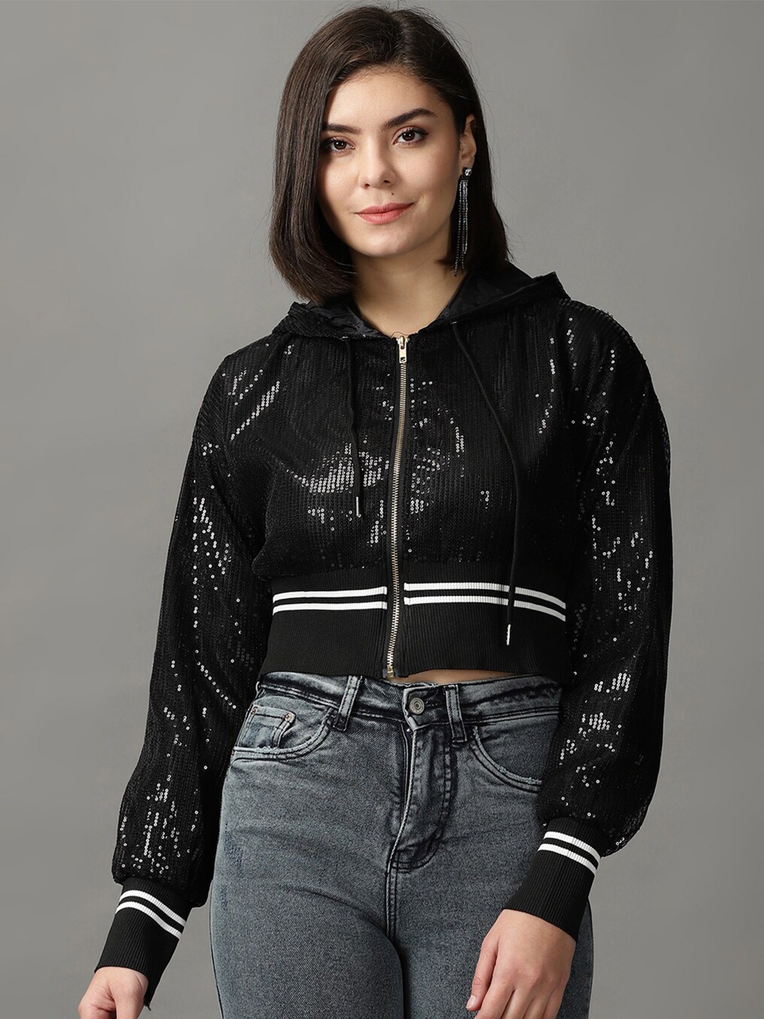 

SHOWOFF Women Sequinned Embellished Hooded Crop Front-Open Sweatshirt, Black