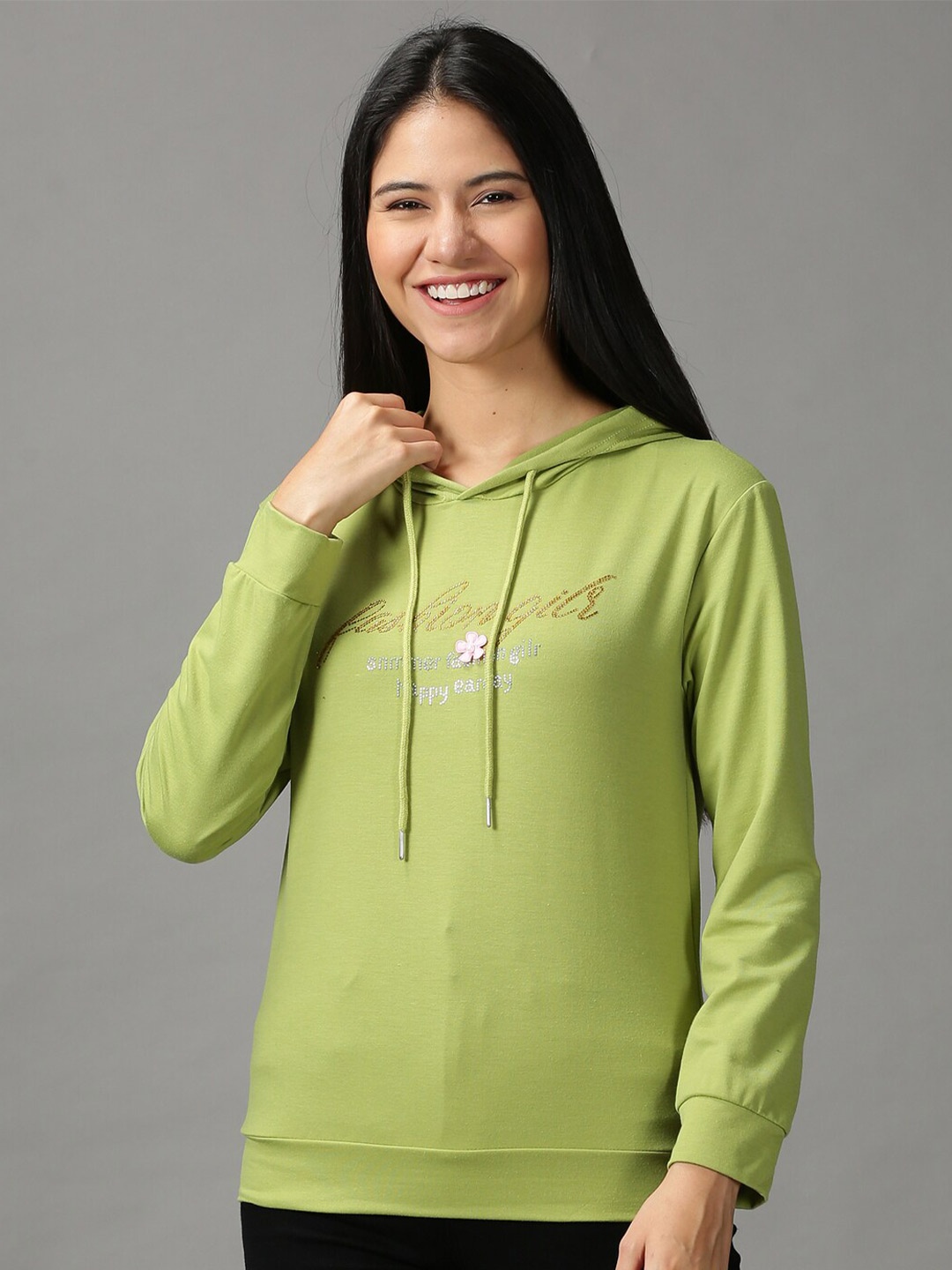 

SHOWOFF Women Typography embellished Hooded Pullover Sweatshirt, Green