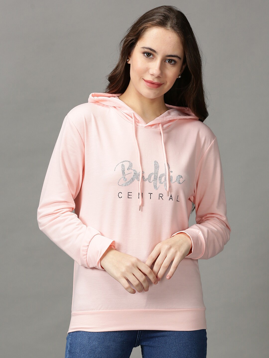 

SHOWOFF Women Typography Embellished Hooded Pullover Sweatshirt, Pink