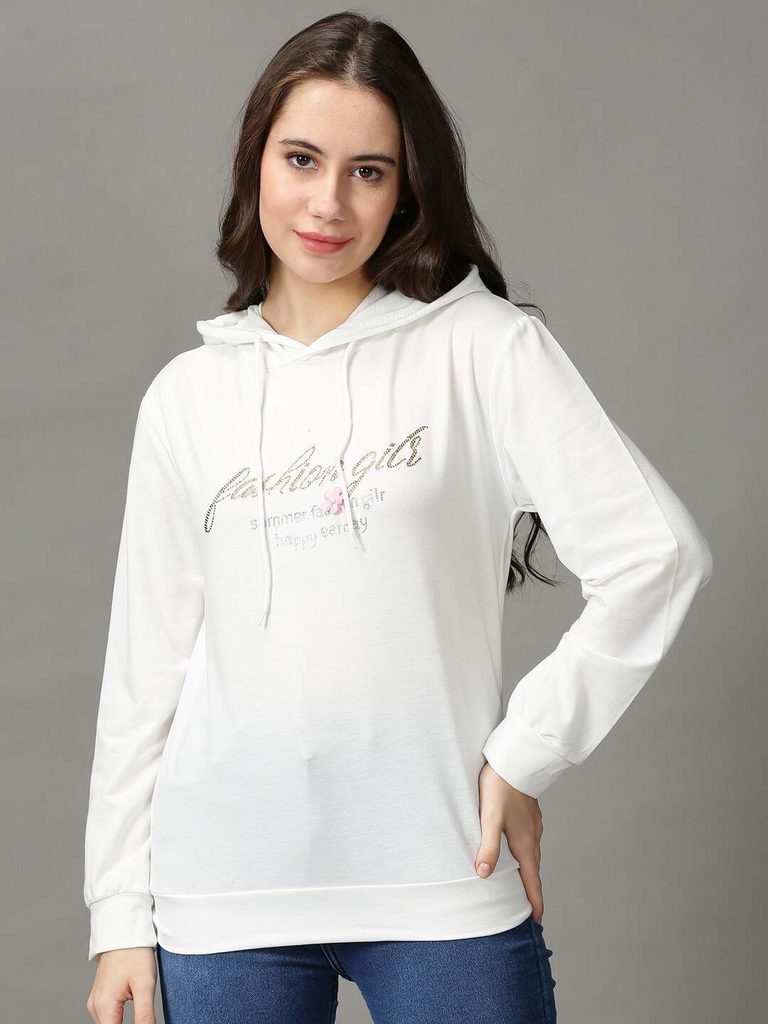 

SHOWOFF Women Typography Embellished Hooded Pullover Sweatshirt, White
