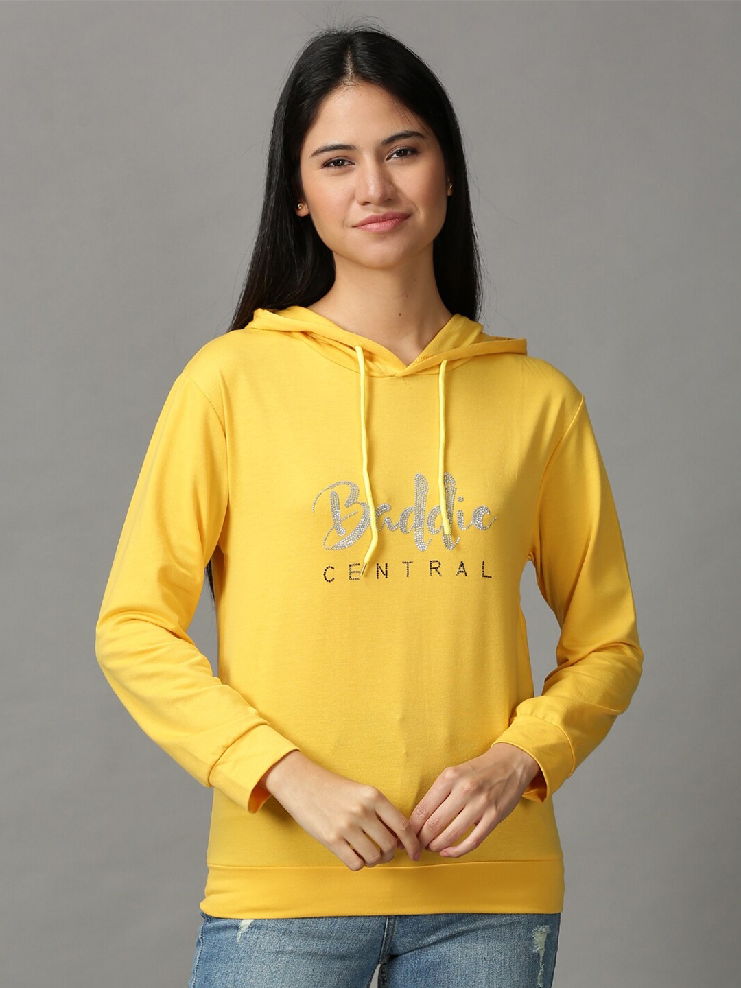 

SHOWOFF Women Typography Embellished Hooded Pullover Sweatshirt, Yellow
