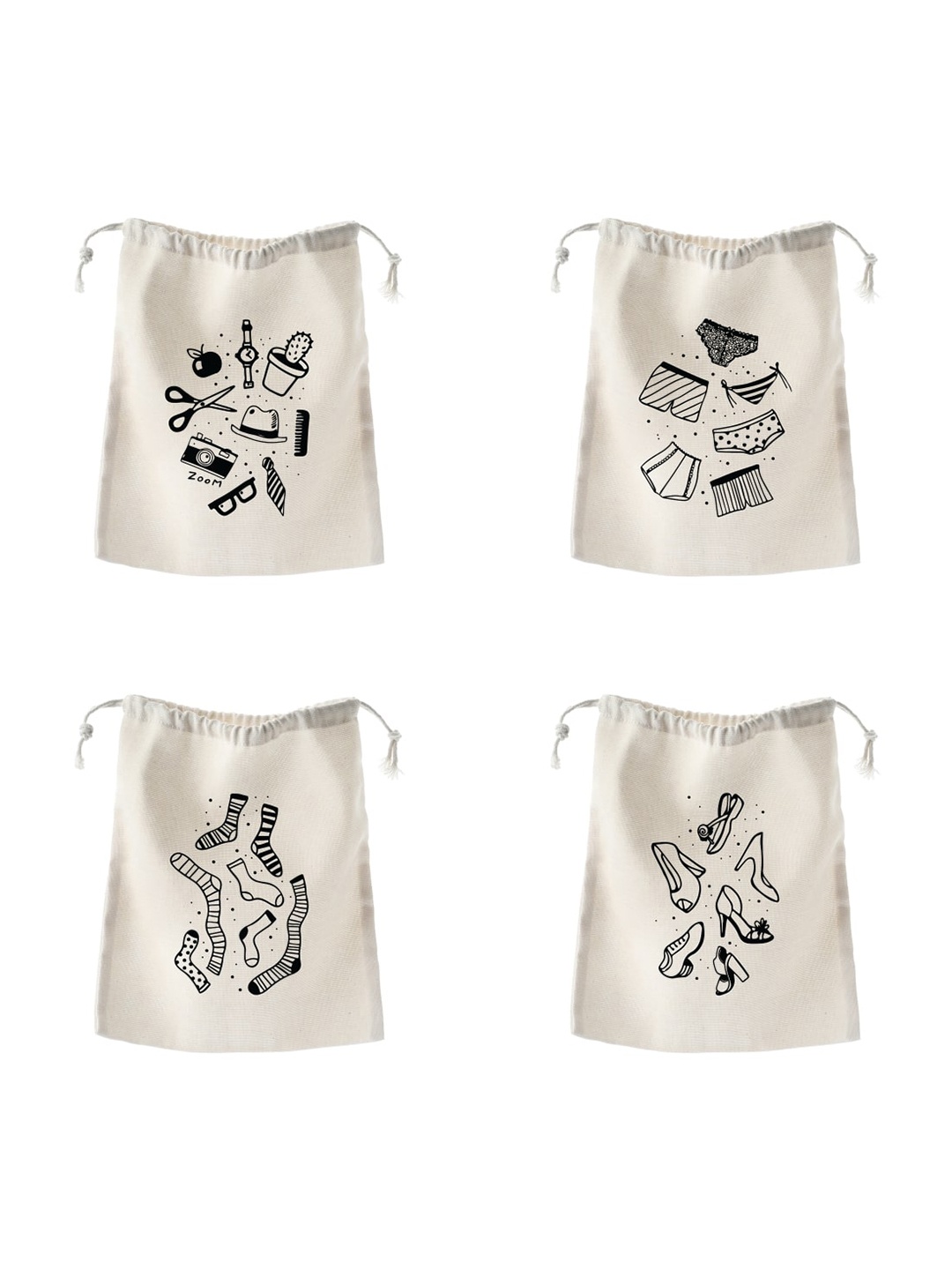 

The Art People Set Of 4 Printed Cotton Shoe Bags With Organising Drawstring, White