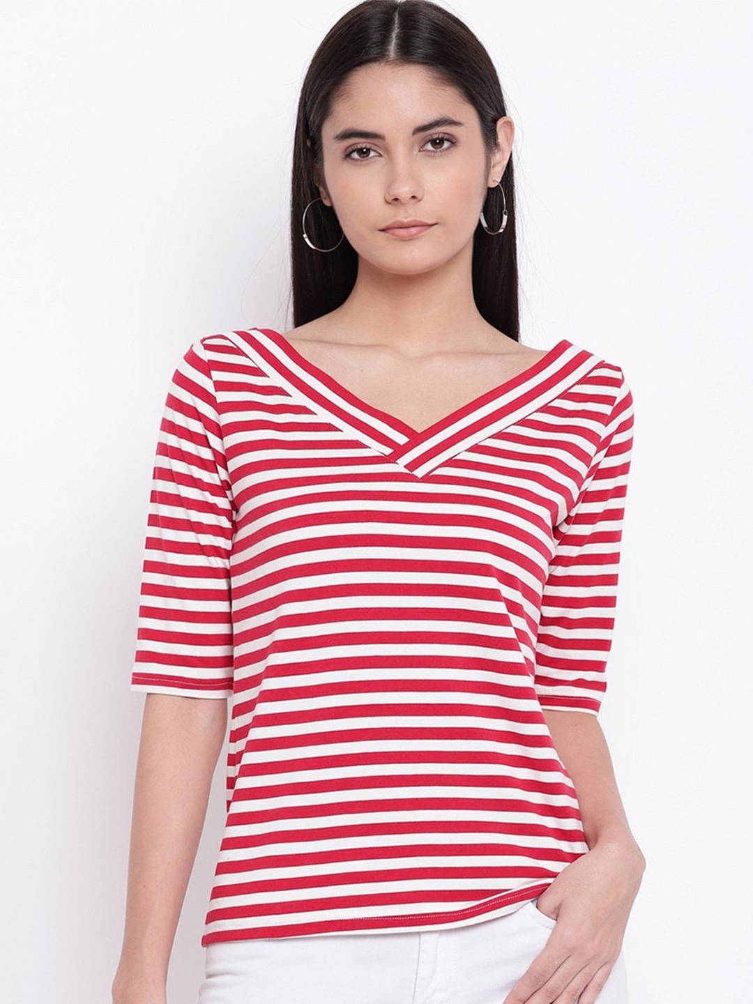 

RIVI Striped Pure Cotton V-Neck Top, White