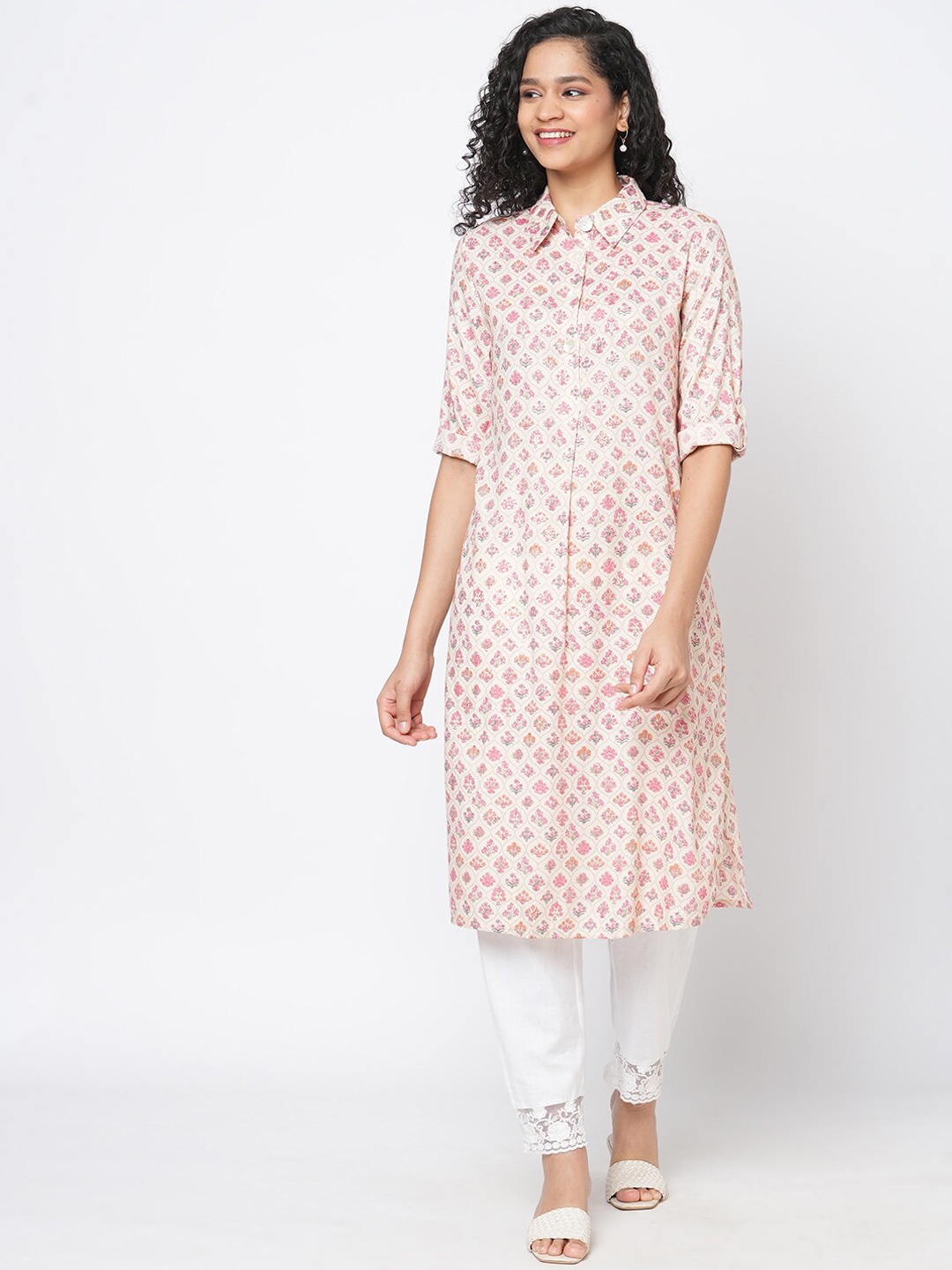 

Fusion Beats Floral Printed Kurta, White