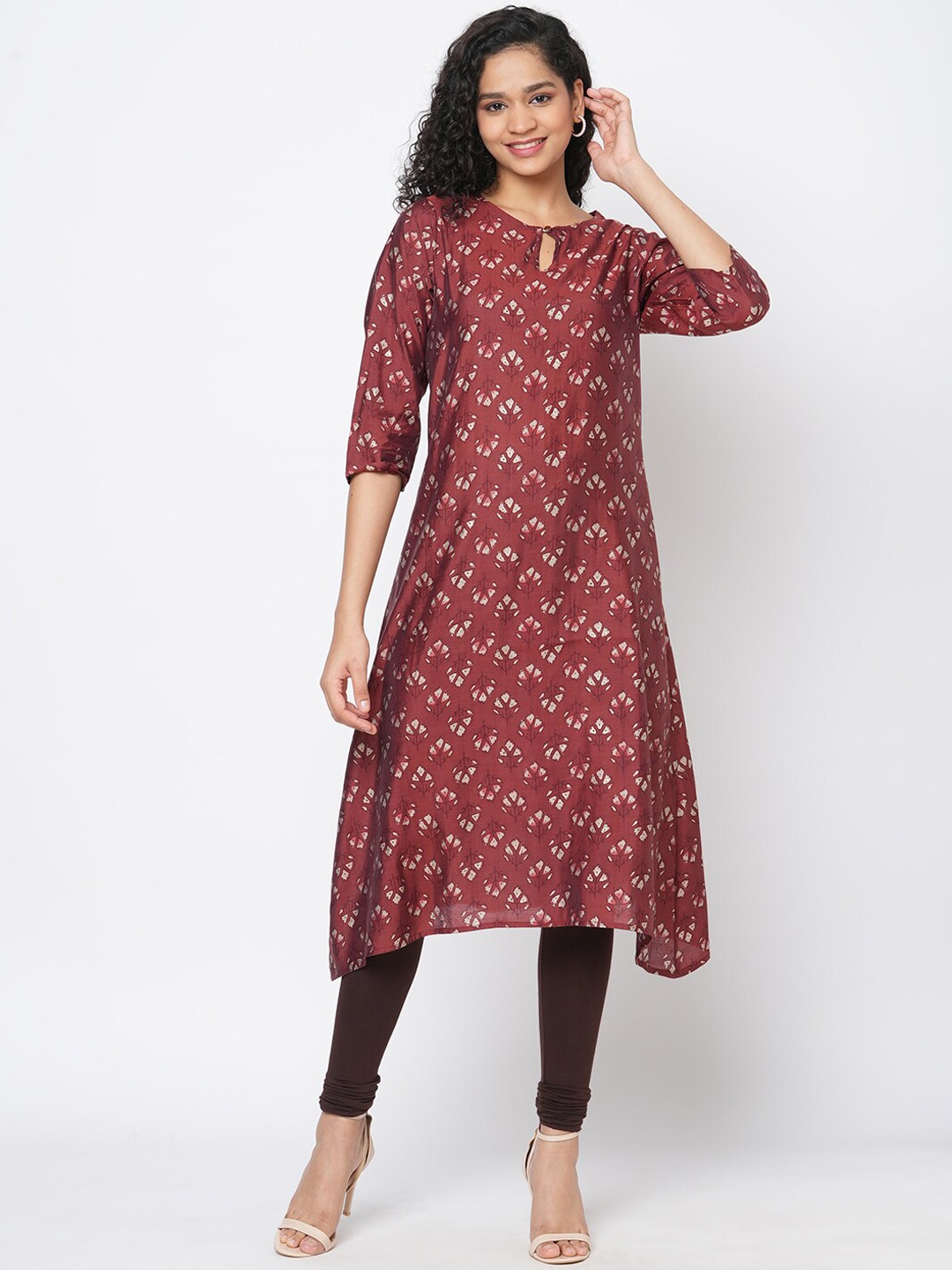 

Fusion Beats Ethnic Motifs Printed Keyhole Neck A-Line Kurta, Brown