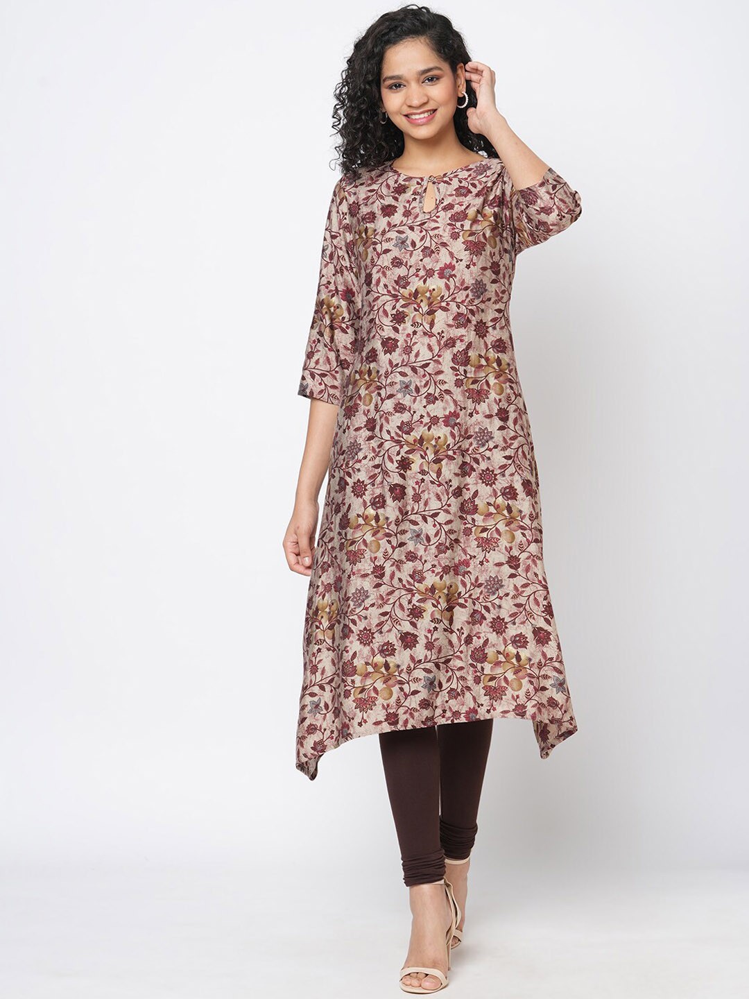 

Fusion Beats Women Floral Printed Keyhole Neck Kurta, Brown