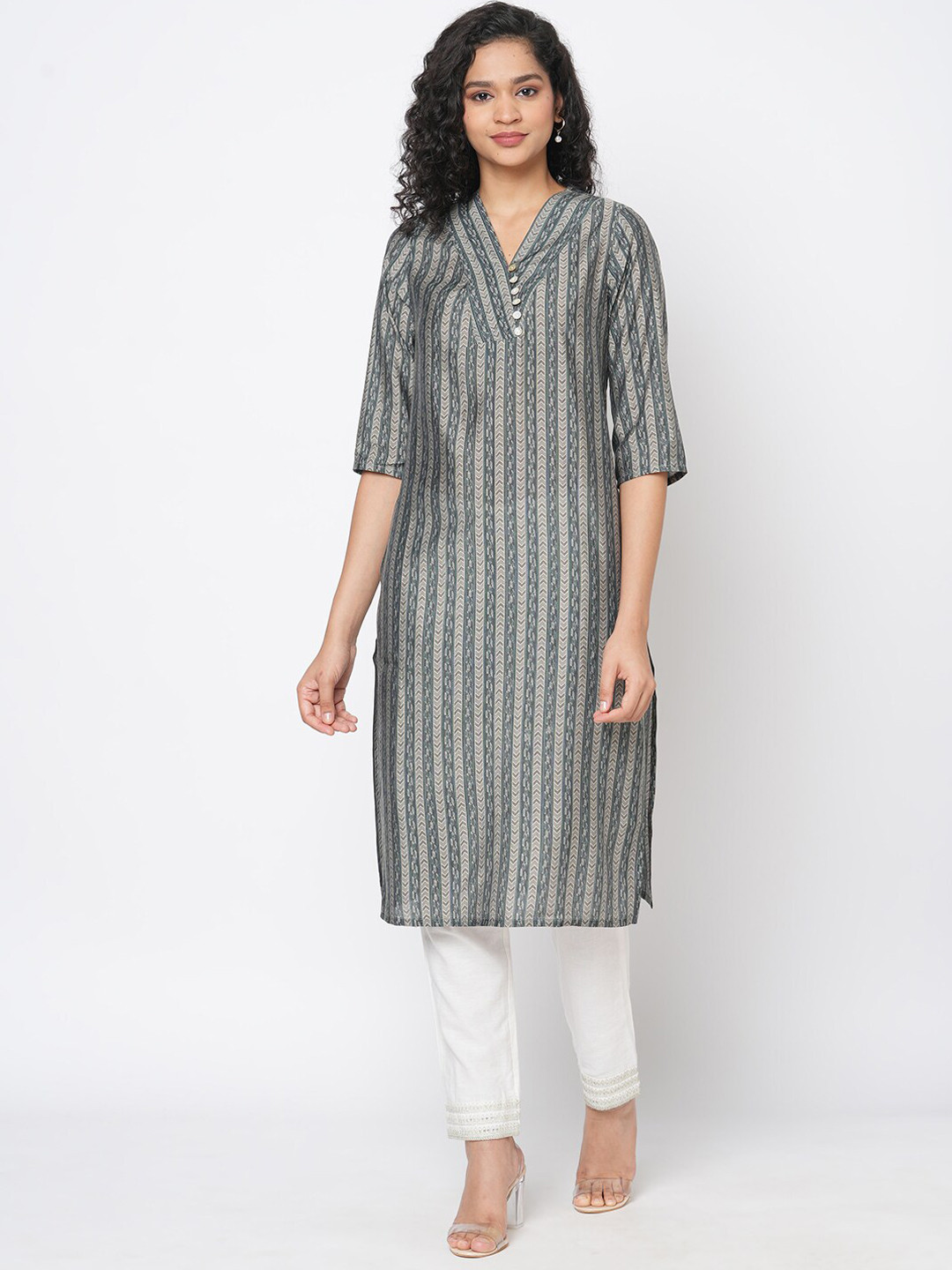 

Fusion Beats Women Striped V-Neck Kurta, Grey