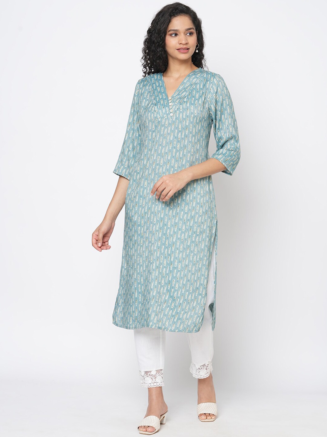 

Fusion Beats Abstract Printed V-Neck Kurta, Blue