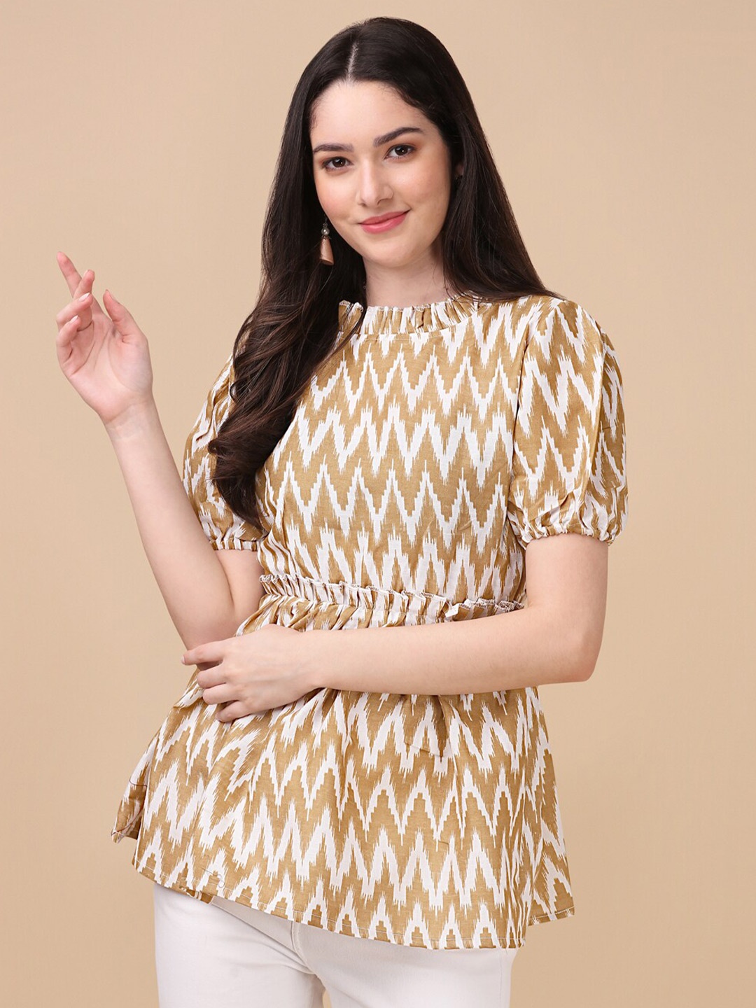 

GUFRINA Geometric Print Ruffles Top, Beige