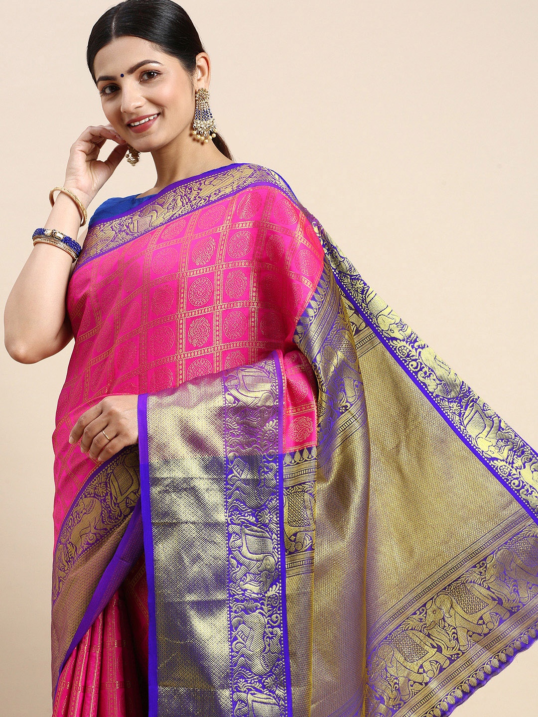 

Royal Rajgharana Saree Woven Design Ethnic Motifs Zari Silk Blend Kanjeevaram Saree, Pink