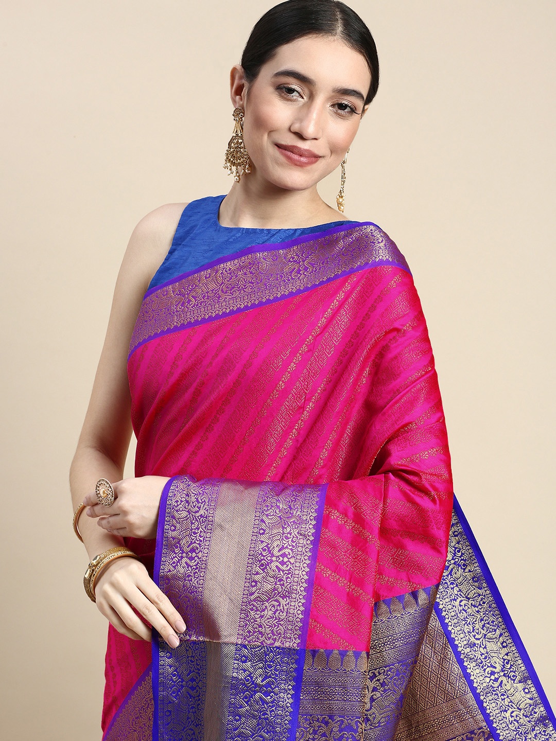 

Royal Rajgharana Saree Woven Design Zari Silk Blend Kanjeevaram Saree, Pink