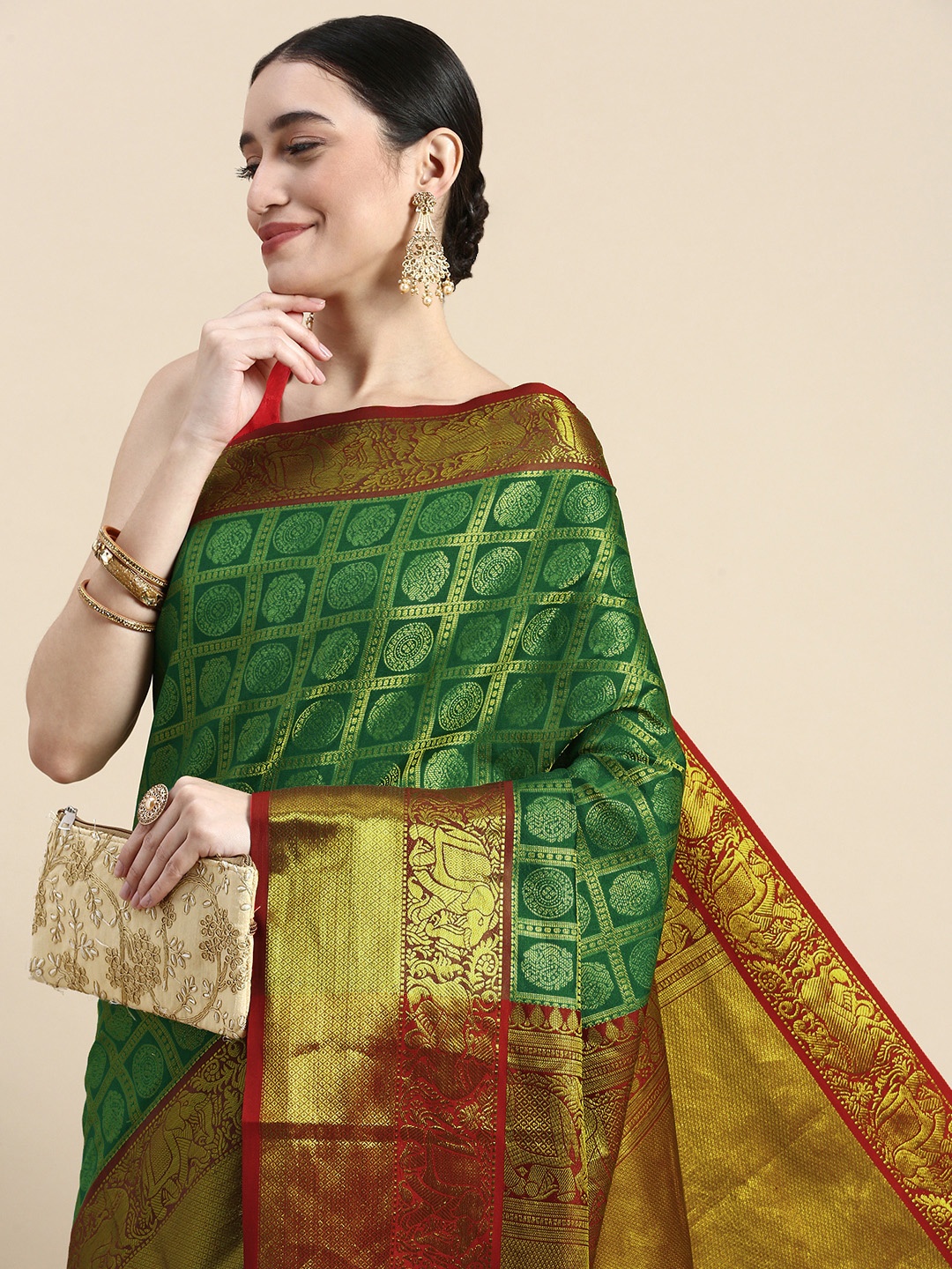 

Royal Rajgharana Saree Woven Design Ethnic Motifs Zari Silk Blend Kanjeevaram Saree, Green