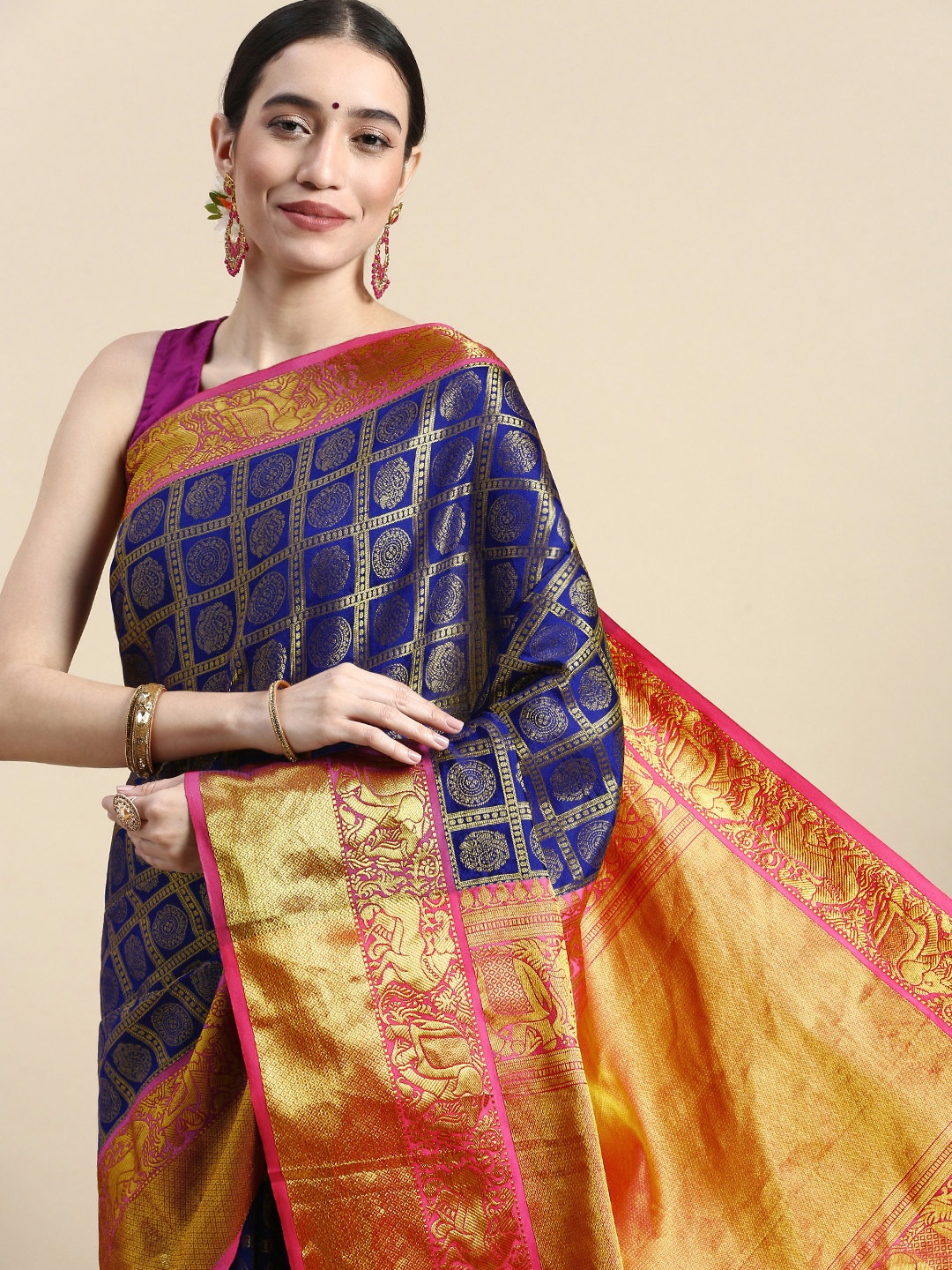 

Royal Rajgharana Saree Woven Design Ethnic Motifs Zari Silk Blend Kanjeevaram Saree, Blue