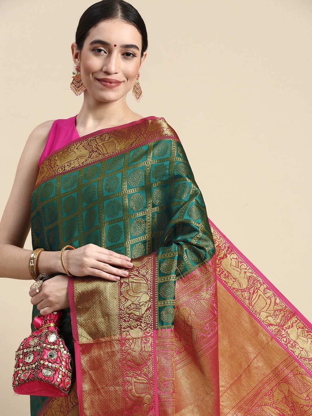 

Royal Rajgharana Saree Ethnic Motifs Silk Blend Kanjeevaram Saree, Teal