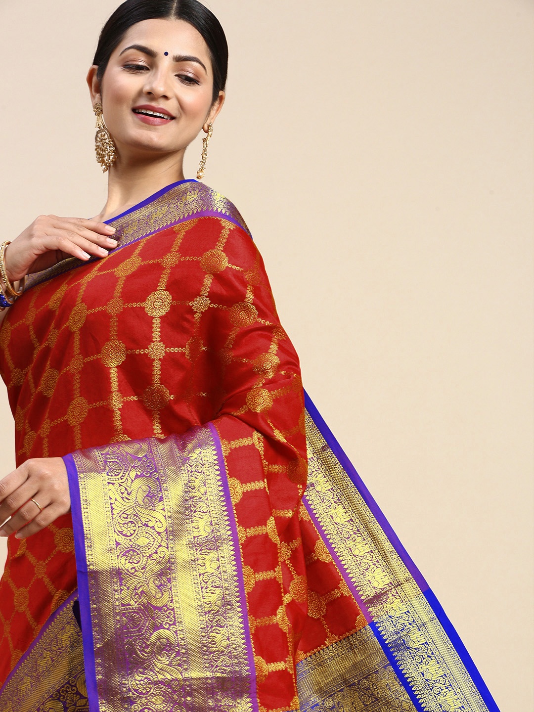 

Royal Rajgharana Saree Woven Design Ethnic Motifs Zari Silk Blend Kanjeevaram Saree, Red