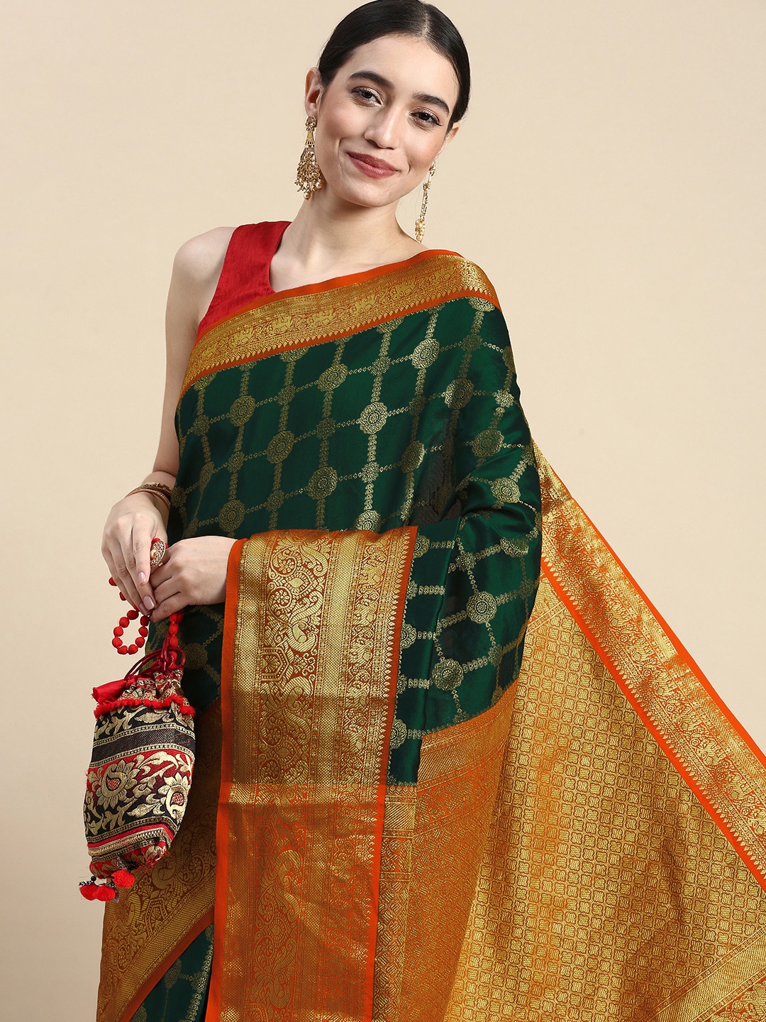 

Royal Rajgharana Saree Woven Design Ethnic Motifs Zari Silk Blend Kanjeevaram Saree, Olive