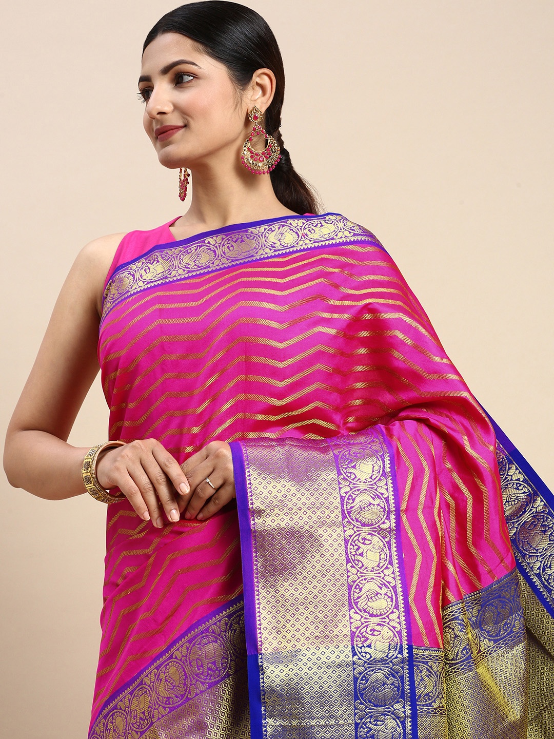 

Royal Rajgharana Saree Woven Design Zari Silk Blend Kanjeevaram Saree, Pink