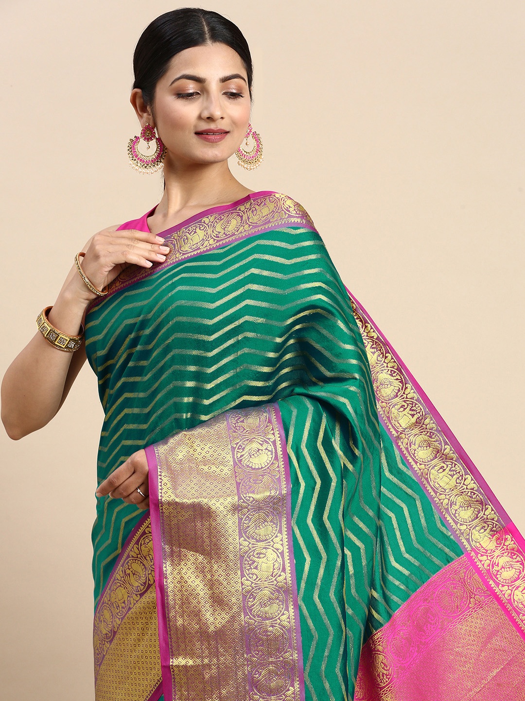 

Royal Rajgharana Saree Woven Design Zari Silk Blend Kanjeevaram Saree, Teal