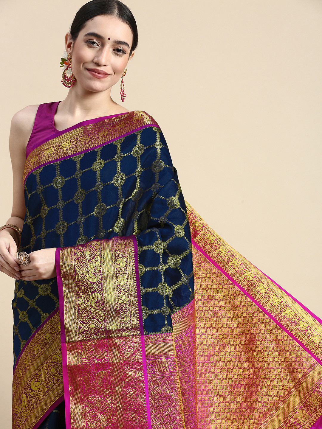 

Royal Rajgharana Saree Woven Design Ethnic Motifs Zari Silk Blend Kanjeevaram Saree, Navy blue