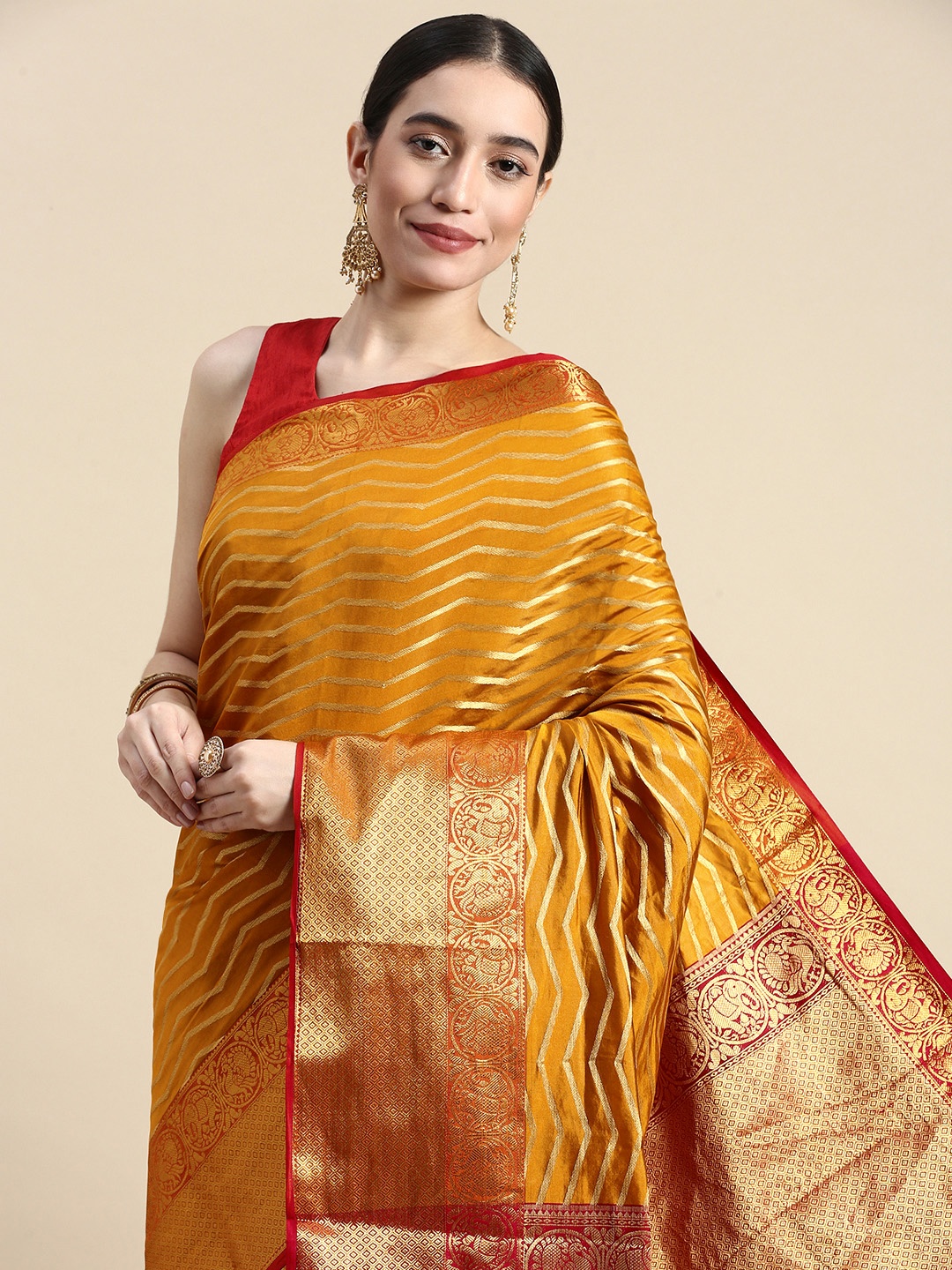 

Royal Rajgharana Saree Woven Design Zari Silk Blend Kanjeevaram Saree, Yellow
