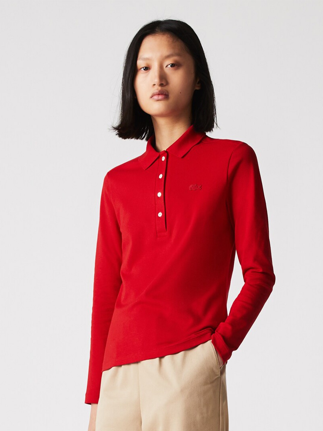 

Lacoste Women Cotton Solid Polo Collar Slim Fit T-shirt, Red