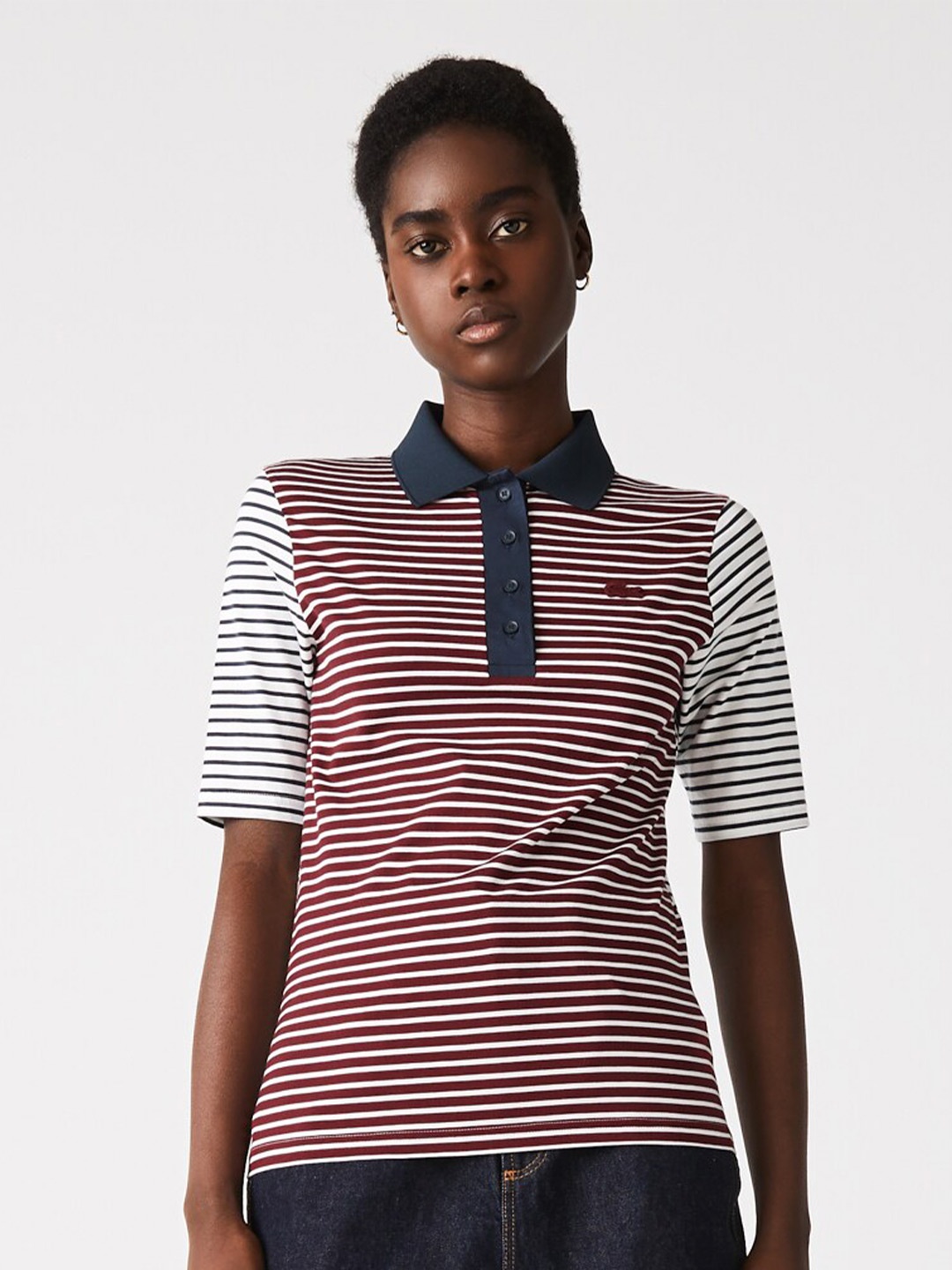 

Lacoste Women Cotton Striped Polo Collar Slim Fit T-shirt, White