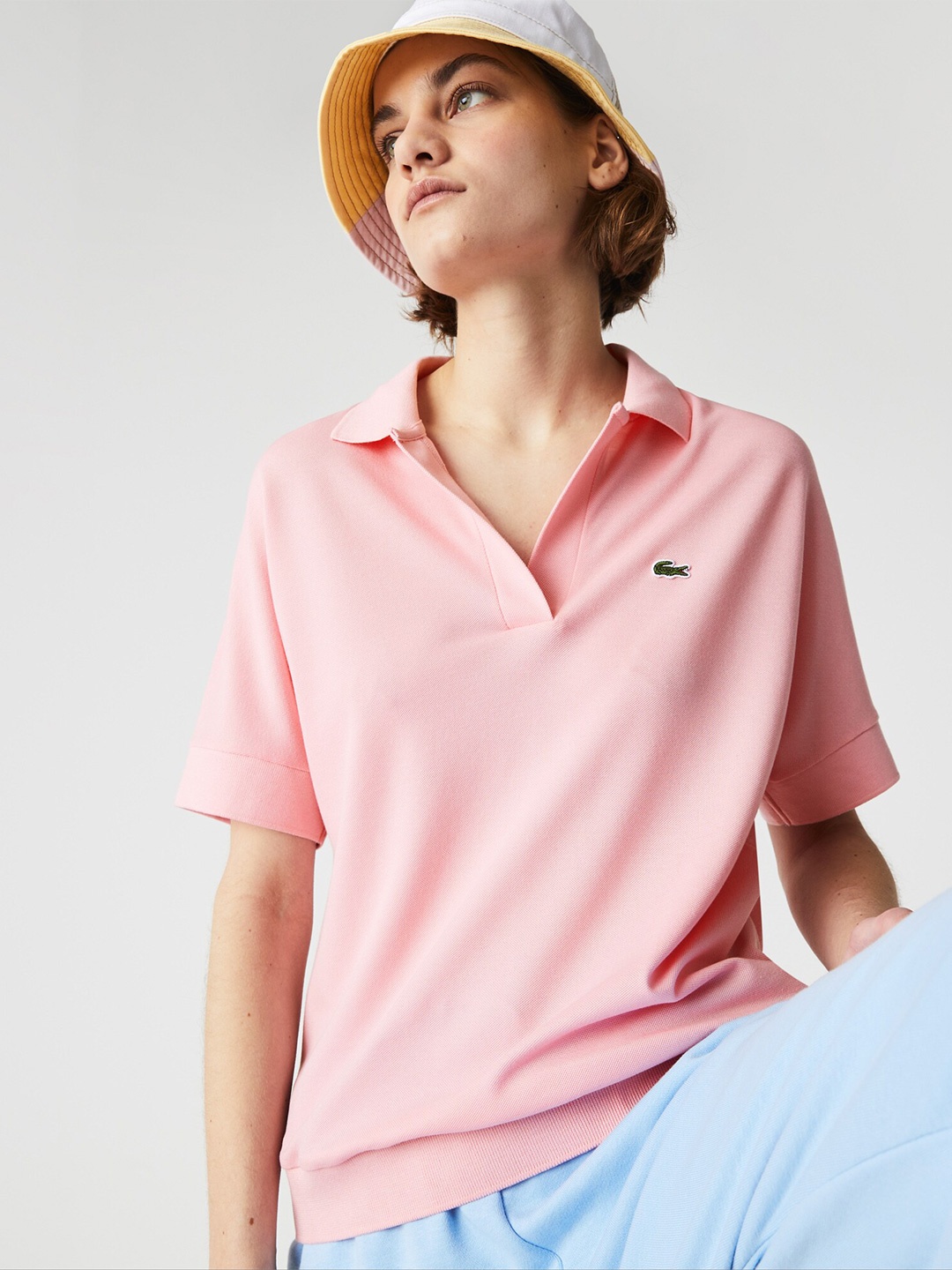

Lacoste Women Solid Polo Collar Loose T-shirt, Pink