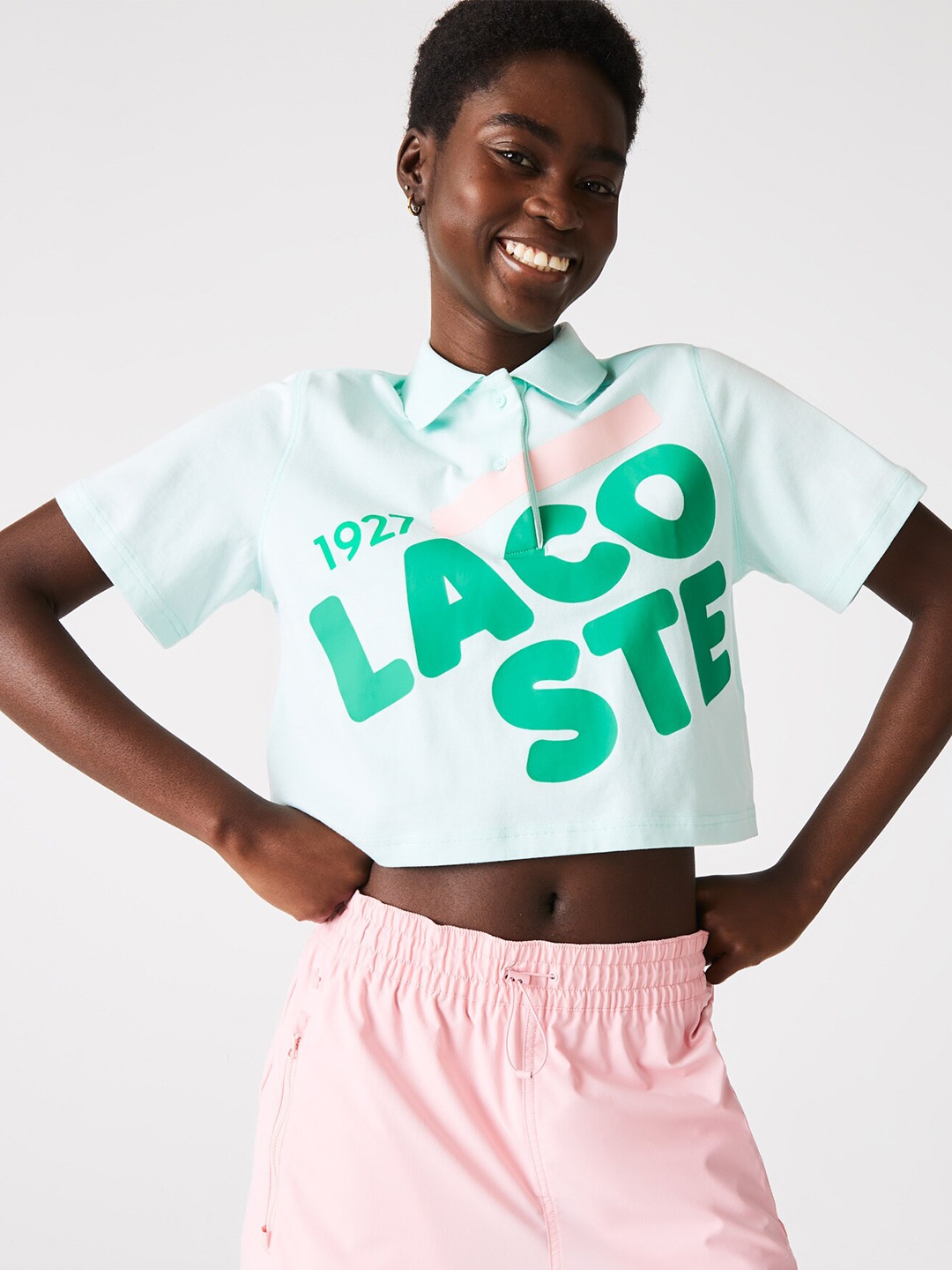 

Lacoste Women Cotton Printed Polo Collar Loose T-shirt, Green