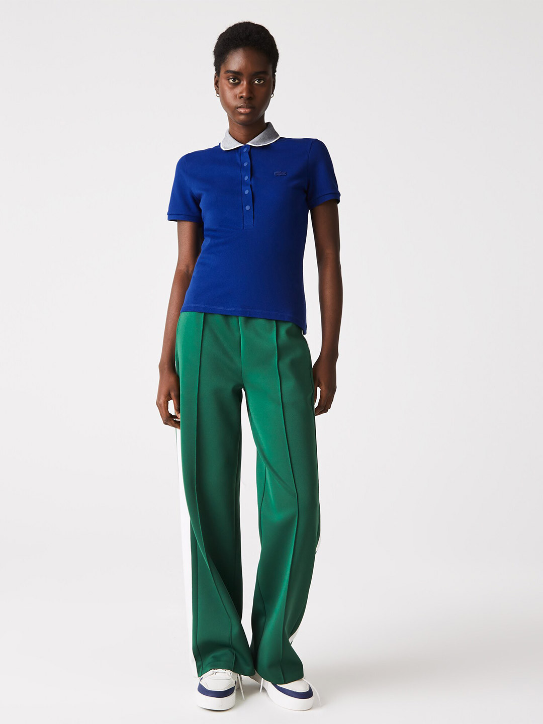 

Lacoste Women Cotton Solid Polo Collar Slim Fit T-shirt, Blue