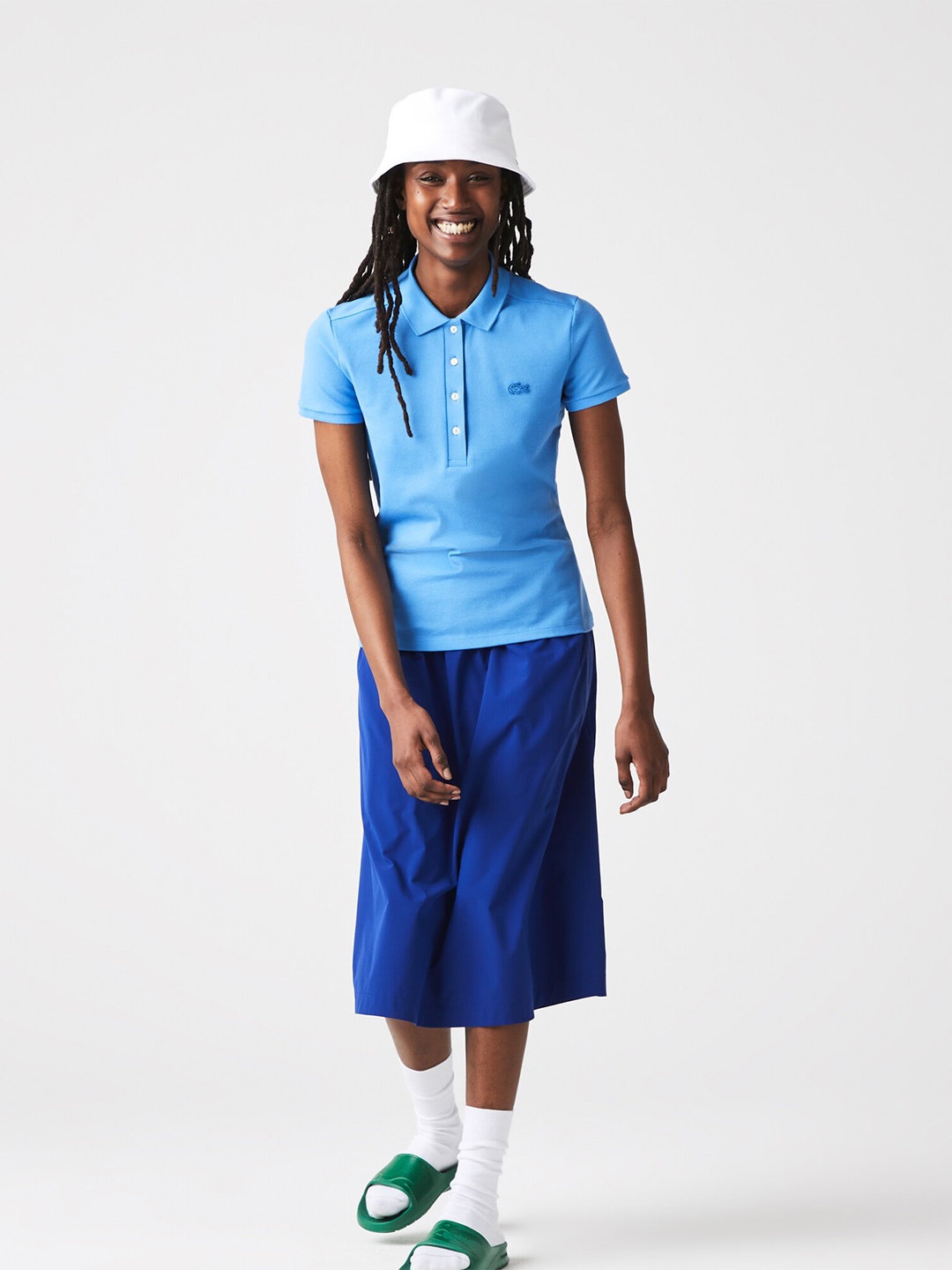 

Lacoste Women Cotton Solid Polo Collar Slim Fit T-shirt, Blue