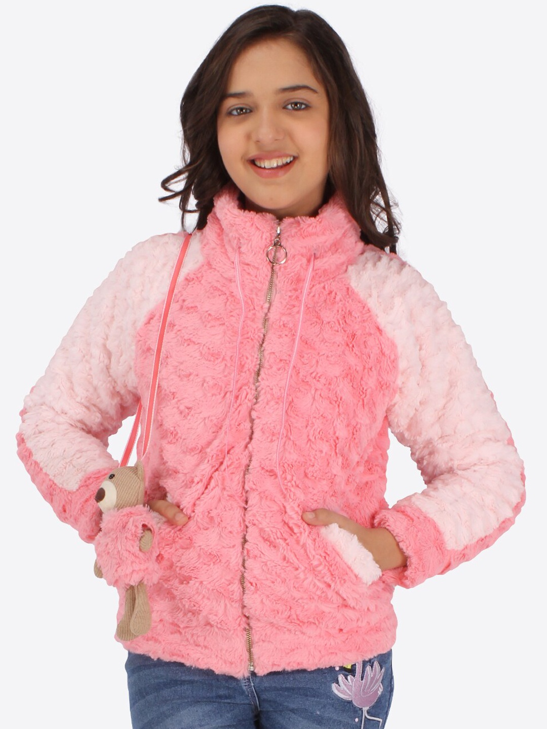 

CUTECUMBER Girls Colourblocked Acrylic Open Front Jacket, Pink