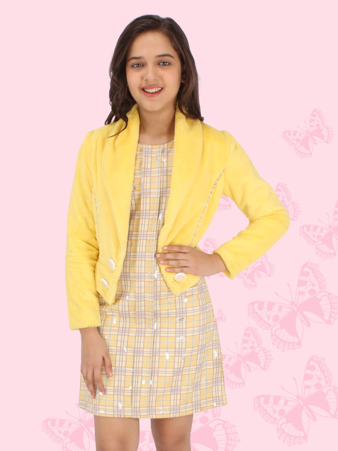 

CUTECUMBER Checked A-Line Dress, Yellow