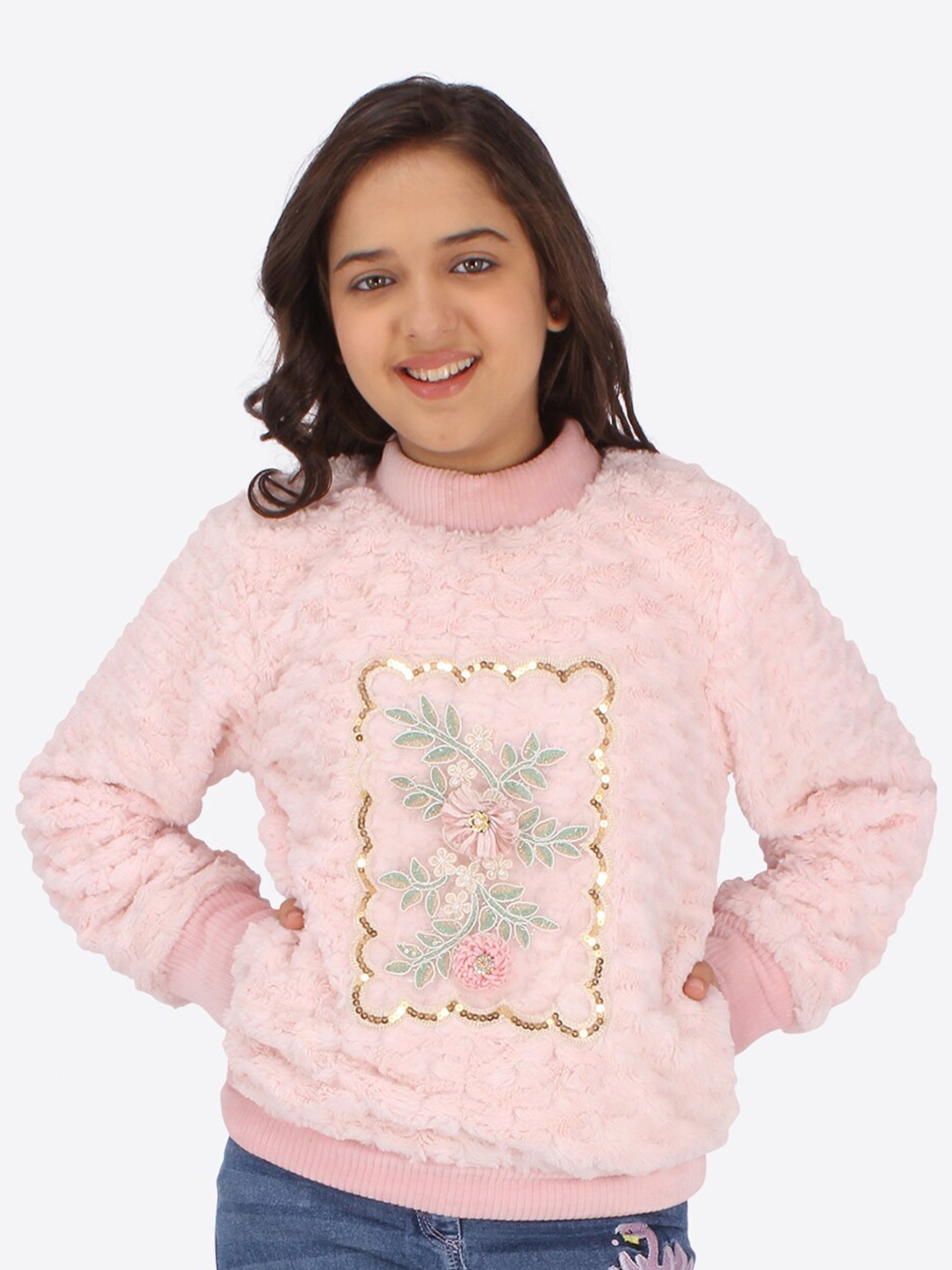 

CUTECUMBER Floral Printed High Neck Acrylic Pullover Sweatshirt, Peach